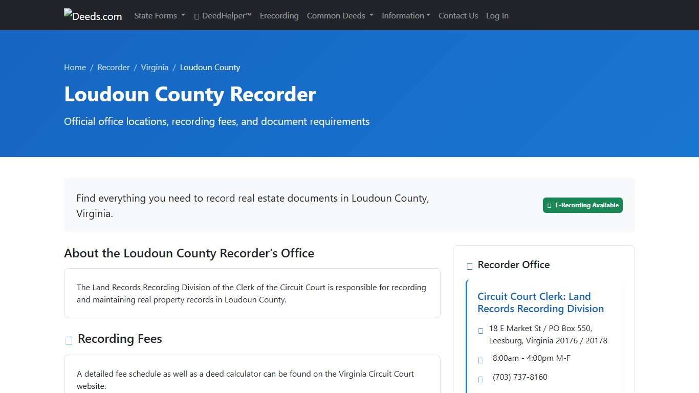 Loudoun County Recorder Information, Virginia - Deeds.com